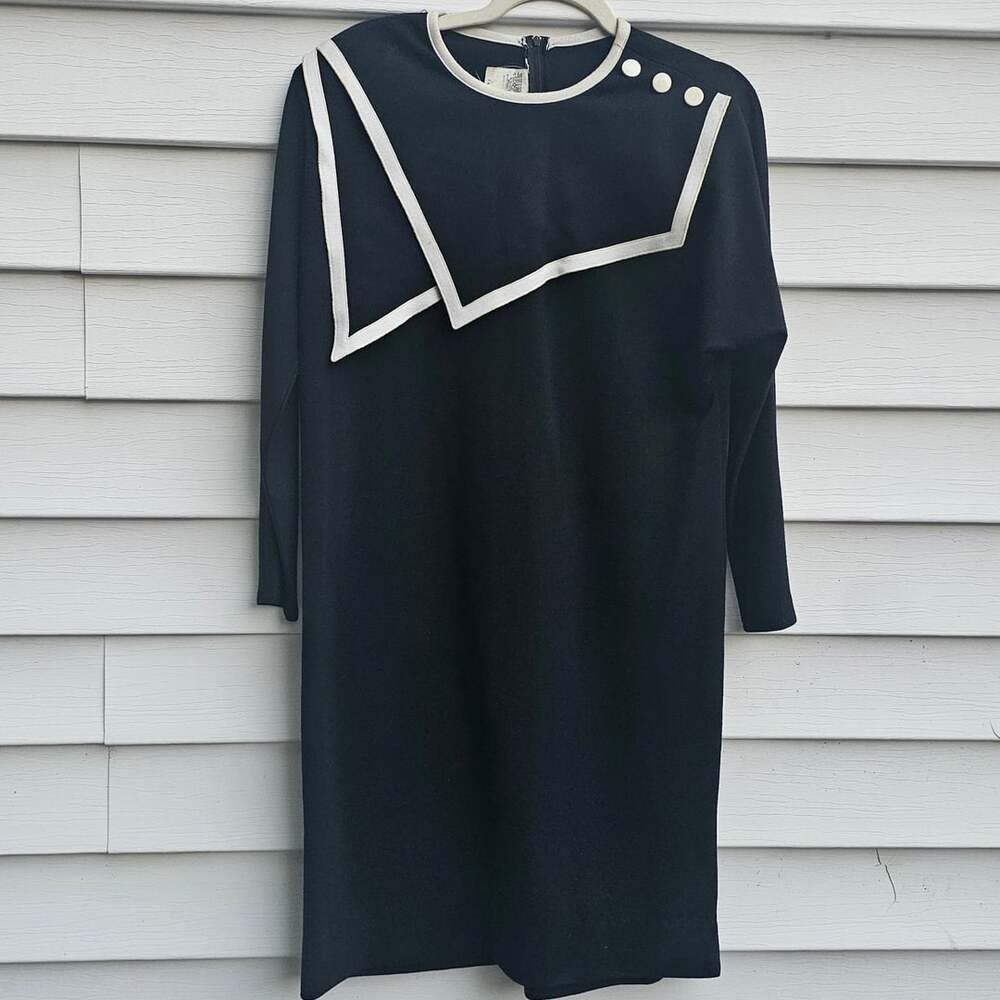 Vintage 70s Mod Black White Dress Size 14 ILGWU Union Made USA Geometric